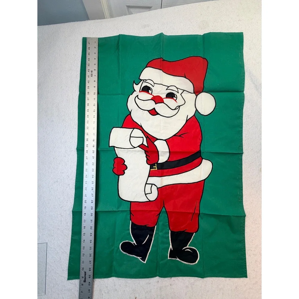 Vintage Santa Claus Christmas Garden Flag Green Applique Double Sided 28x40
